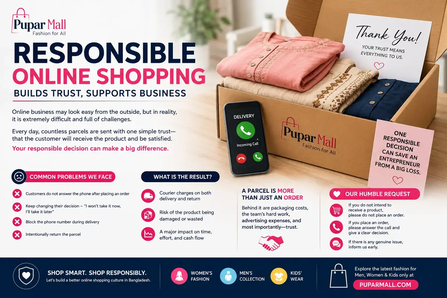 Responsible online shopping in Bangladesh with Pupar Mall fashion delivery parcel